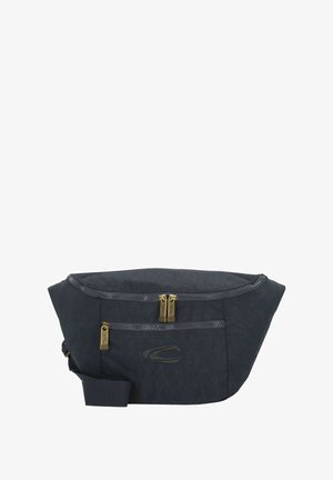 Gürteltasche aus dunkelblauem Stoff mit zwei goldenen Reißverschlüssen. Sie verfügt über eine geräumige, konturierte Form und eine strukturierte Oberfläche. Verstellbarer Gurt inklusive.