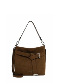 Brown suede handbag with a flat, rectangular shape. Features a wide strap, buckle detail, and a silver logo accent.