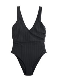 Juodas vientisas maudymosi kostiumėlis su V formos iškirpte, ribuota tekstūra, plačiomis petnešėlėmis ir aukštu pjūviniu, puoštas susmauktais šonais.