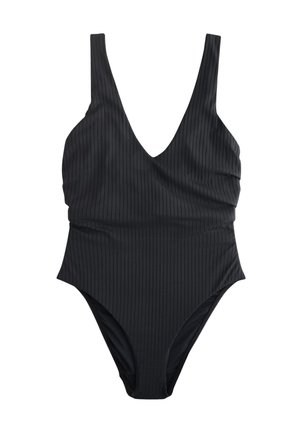 Costume intero nero con scollo a V, tessuto a coste, spalline larghe e gambe ad taglio alto, con dettagli laterali arricciati.