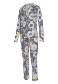 Blommig pyjamasuppsättning i grått, bestående av en långärmad skjorta med ficka och matchande byxor, båda i ett lätt mönstrat bomullstyg.