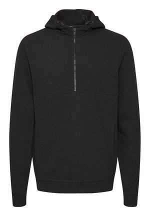 Dark gray hoodie with a half-zipper front, adjustable drawstring at the hood, ribbed cuffs, and hem, crafted from soft fabric.