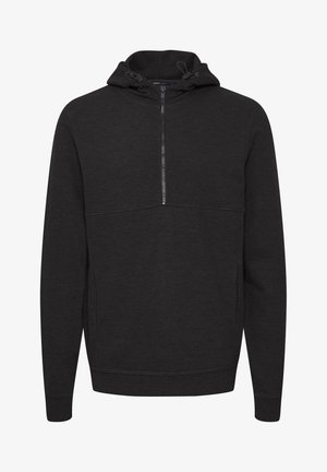 Tumehall sweatshirt, millel on pooltõmbe zip, reguleeritav lips kapuutsis, soonikkoes varrukad ja ääred, mis on valmistatud pehmest kangast.