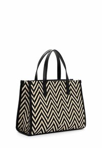 Sac cabas à motif zigzag noir et beige avec deux poignées noires et forme rectangulaire.