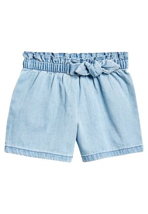 Lyseblå denimshorts med elastisk, rynket taljebånd og et bundet stofbælte foran.