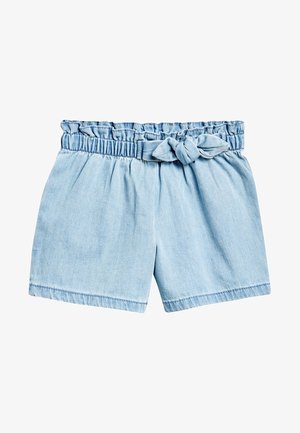 Lyseblå denimshorts med elastisk, rynket taljebånd og et bundet stofbælte foran.