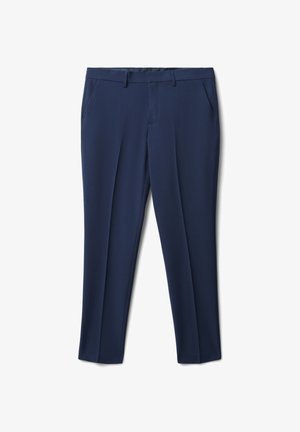 Marineblaue Hose mit einer glatten Textur, flachem Vorderteil und zwei seitlichen Taschen in schlanker Passform. Geeignet für formelle oder legere Anlässe.