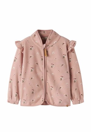 Pink fleecejakke med små hvide og røde blomsterprints, flæseærmer, lynlås foran og elastiske manchetter.