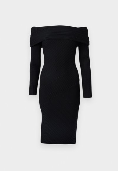 Μαύρο φόρεμα με ακάλυπτους ώμους και μακριά μανίκια, με ριμπ ύφανση και διαγώνια πλεκτά σχέδια, εφαρμοστή σιλουέτα, μήκος έως το γόνατο.
