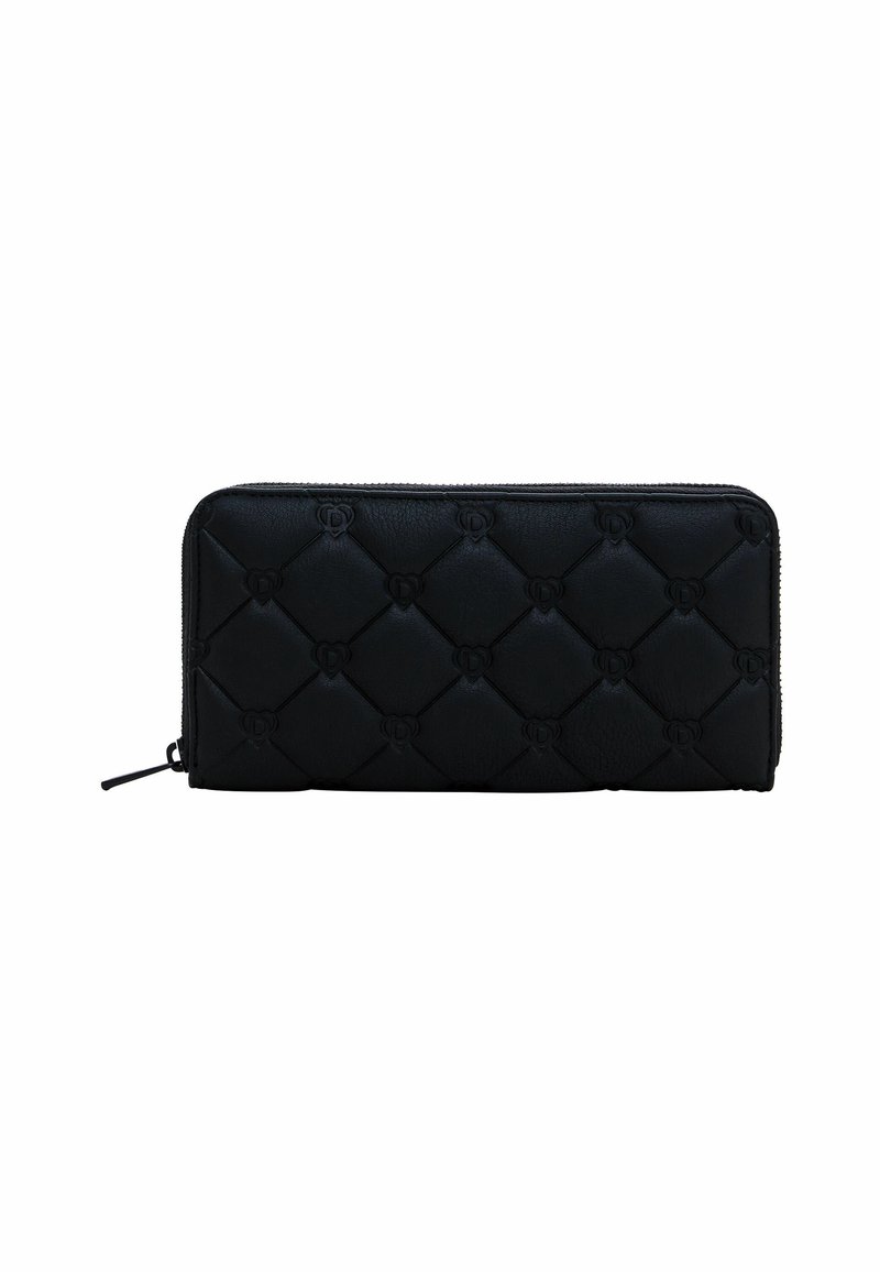 Portafoglio in pelle nera con zip circonferenziali, caratterizzato da un design trapuntato con loghi in rilievo, texture liscia e forma rettangolare.