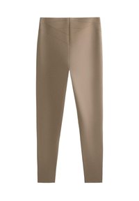 Leggings in een lichtbruine kleur, met een gladde textuur, hoge taille en diagonale stikselaccenten op de achterkant.