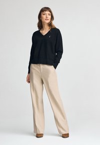 Pull en V noir avec une coupe décontractée, ourlet côtelé, porté avec un pantalon beige ajusté. Présente un petit logo brodé sur la poitrine.