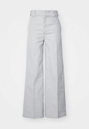 Light gray wide-leg trousers made of cotton blend, featuring a high waist, structured waistband, and visible stitching.