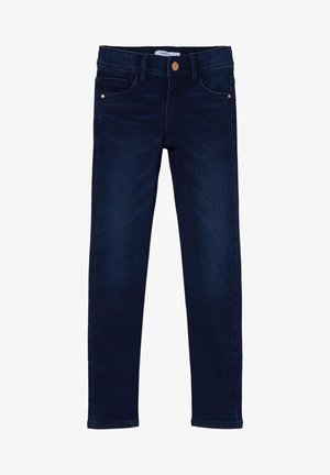 Mørkeblå denimjeans med slim fit, med knappelukking, fem lommer og minimalistisk søm. Glatt tekstur, ingen synlige mønstre.