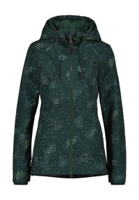 Groene waterdichte jas met een capuchon, voorzien van een meerkleurig stippenpatroon, een ritssluiting aan de voorkant en een verstelbare koord voor een goede pasvorm.