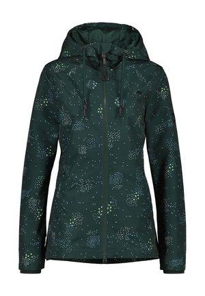 Groene waterdichte jas met een capuchon, voorzien van een meerkleurig stippenpatroon, een ritssluiting aan de voorkant en een verstelbare koord voor een goede pasvorm.