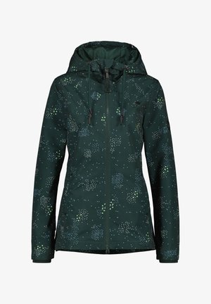 Zelená nepremokavá bunda s kapucňou, zdobená farebným bodkovaným vzorom, s predným zipsom a nastaviteľnou šnúrkou na úpravu obvodu.