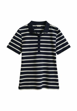 Polo de manga corta con rayas horizontales en azul marino y blanco, con cuello oscuro y tapeta de tres botones.