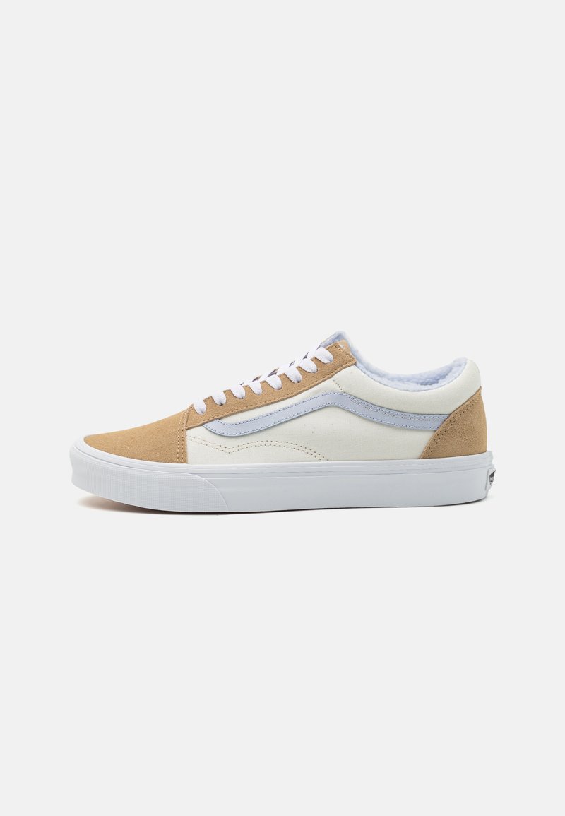 Baskets en daim et tissu beige et crème avec fermeture à lacets blanche et semelle en caoutchouc, présentant des accents bleu clair et une tige texturée.