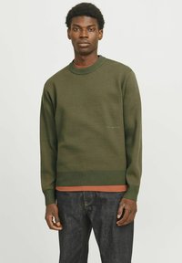Suéter verde de punto con un cuello redondo de canalé y puños. Lleva un camisa de color óxido debajo, combinado con jeans de mezclilla oscuros.