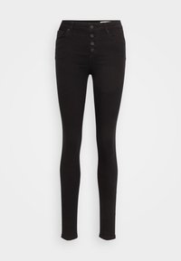 Svarte skinny jeans laget av denim, med høy midje, fem lommer og en fem-knappers glidelås for ekstra detaljer.