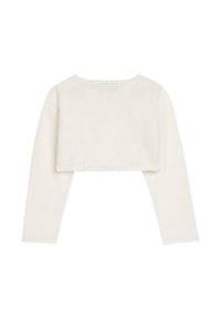 Weißer, kurz geschnittener Strickpullover mit langen Ärmeln. Gezackter Saum am Ausschnitt und an den Ärmelbündchen. Weiche Textur, minimalistisches Design.