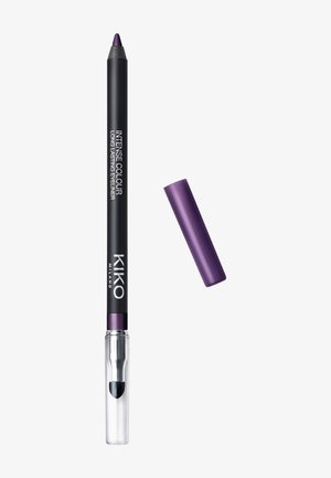 Crayon eye-liner longue tenue KIKO Milano violet avec un design rétractable, présentant un corps noir mat et un capuchon en plastique transparent.