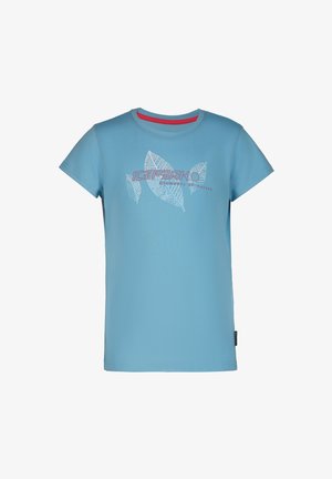 Blauwe T-shirt met korte mouwen, gemaakt van katoen, met witte bladgraphics en "ICEPEAK"-tekst in het roze. Ronde hals met rode accenten.