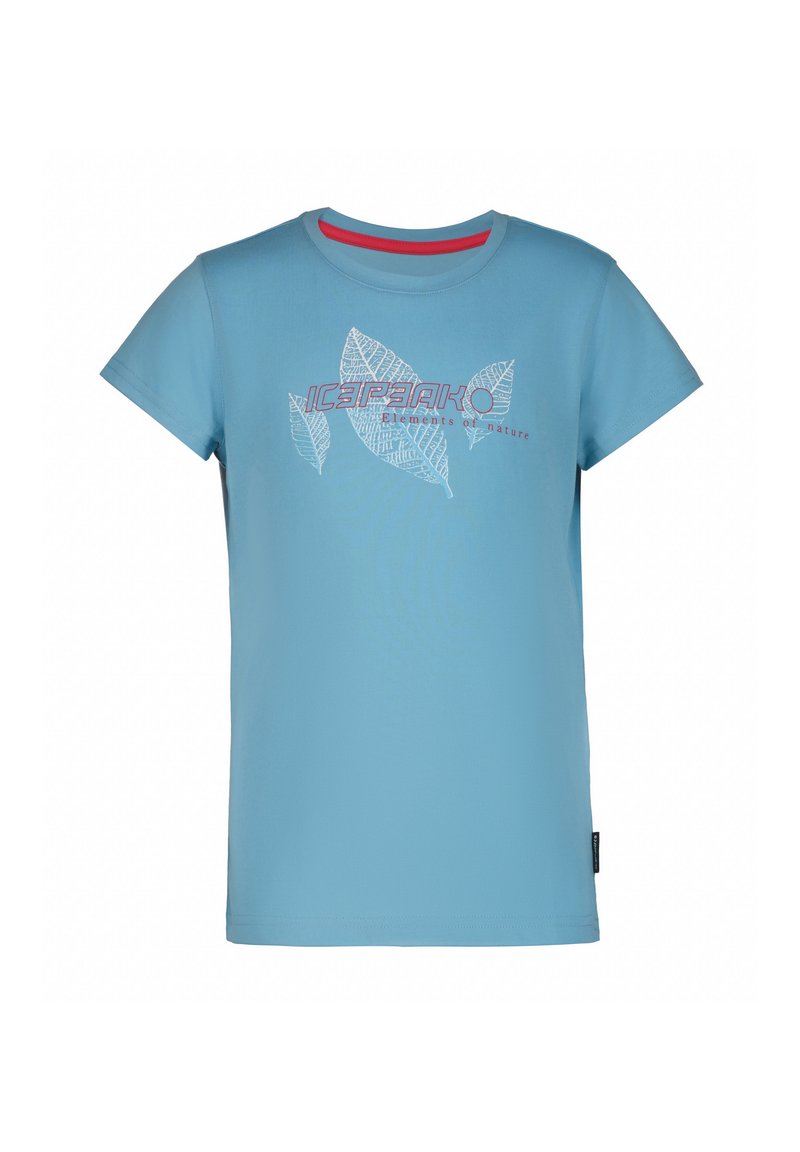 Camiseta de manga corta azul de algodón, con gráficos de hojas blancas y el texto "ICEPEAK" en rosa. Cuello redondo con acento rojo.