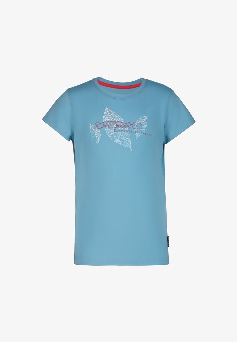 Camiseta de manga corta azul de algodón, con gráficos de hojas blancas y el texto "ICEPEAK" en rosa. Cuello redondo con acento rojo.