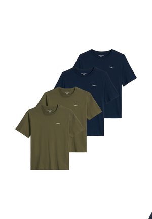 Quatre t-shirts unis à manches courtes et col rond en vert olive et bleu marine, disposés en deux rangées sur fond blanc.