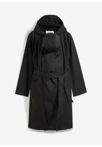 Impermeabile nero con cappuccio, dotato di vita arricciata, coulisse regolabile e una tasca per trasportare un bambino. Realizzato in materiale resistente all'acqua.