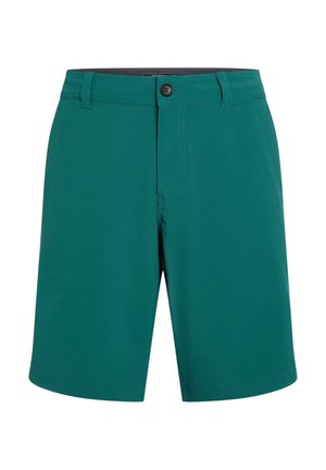 Pantaloncini verde acqua realizzati in tessuto leggero. Presentano chiusura con bottone, cerniera a zip e due tasche frontali. Texture liscia, lunghezza al ginocchio.