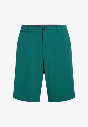 Pantaloncini verde acqua realizzati in tessuto leggero. Presentano chiusura con bottone, cerniera a zip e due tasche frontali. Texture liscia, lunghezza al ginocchio.