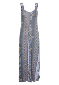 Maxi šaty s tenkými ramínky, s volánovými detaily, s multikulturním geometrickým a paisley vzorem na šedém pozadí. Lehce látku.