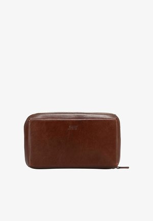 Portefeuille marron en cuir avec fermeture éclair, texture lisse et logo de marque discrètement embossé centré sur le devant.