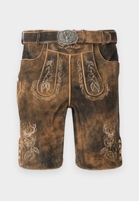 Lædershorts i mørkebrune med dekorative blad- og hjorte-motiver. Har en bred talje med en metalspenne og knappe accenter.