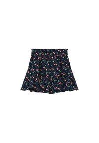 Zwarte stoffen rok met meerkleurige bloemen- en dierenpatronen, geplooide zoom en een elastische tailleband voor comfort.