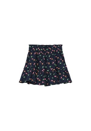 Jupe en tissu noir avec des motifs floraux et animaliers multicolores, ourlet volanté et taille élastique pour le confort.