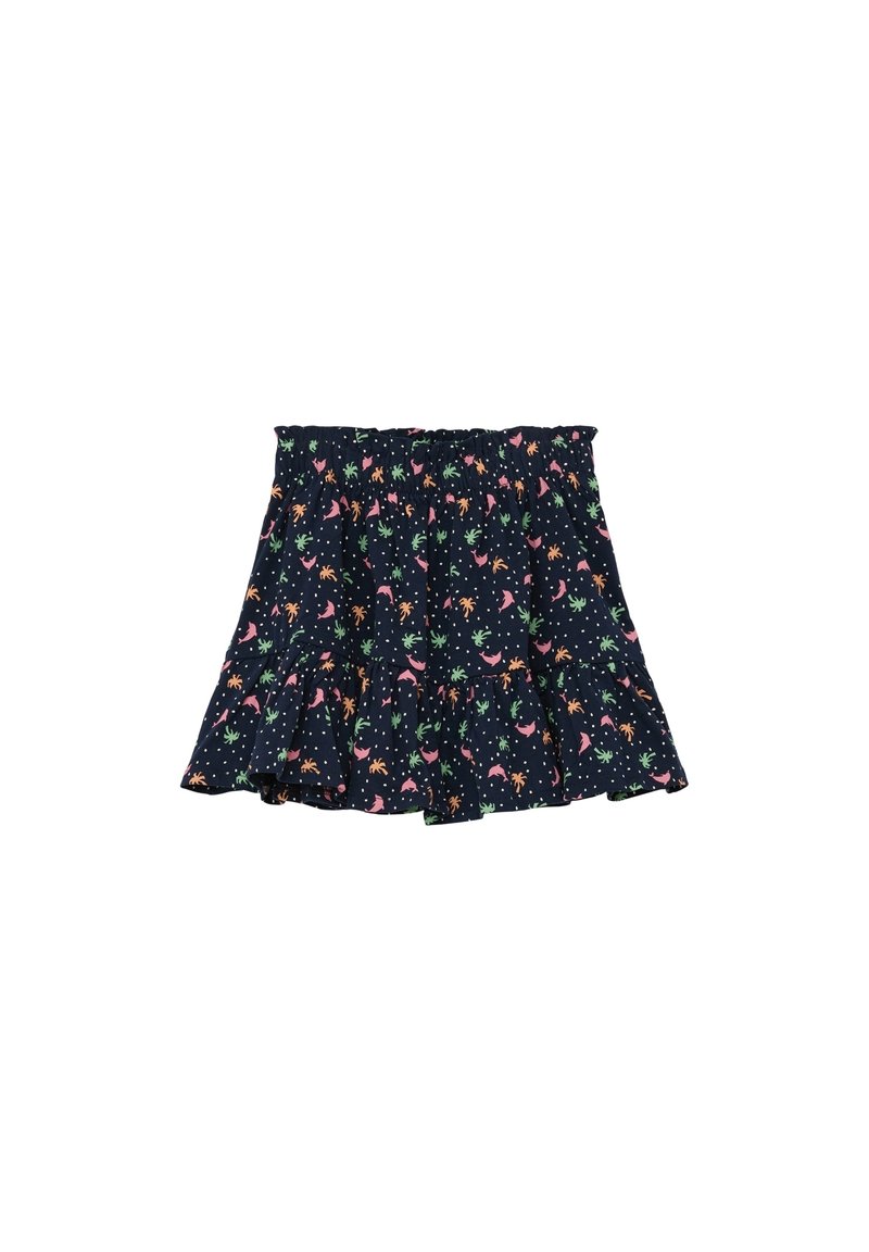 Zwarte stoffen rok met meerkleurige bloemen- en dierenpatronen, geplooide zoom en een elastische tailleband voor comfort.