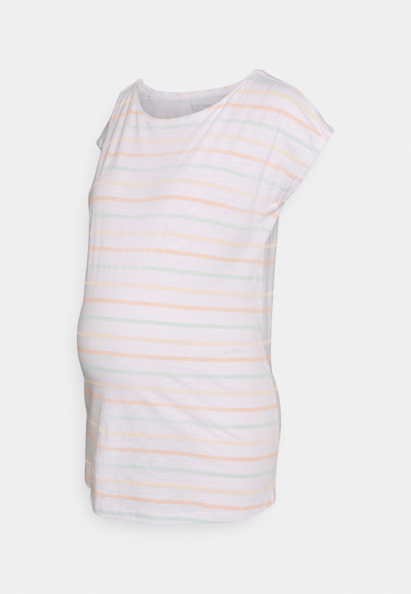 Camisa de maternidade em algodão suave, com riscas horizontais em tons pastéis de laranja, verde e amarelo sobre um fundo branco. Design de corte relaxado.