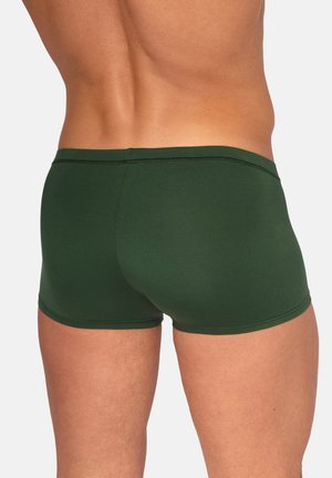 Männlicher, trainierter unterer Rücken und Beine, bekleidet mit dunkelgrünen, eng anliegenden Badehosen vor einem einfachen, hellen Hintergrund.