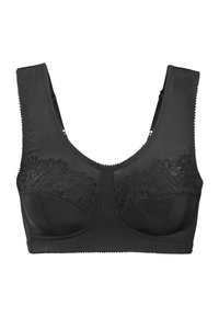 Svart bh med mjukt tyg, breda band, blommönstrad spetsaccent vid toppen och slät textur, designad med en klassisk form och ett stödjande snitt.