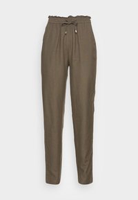 Bruine linnenblend broek met elastische tailleband en trekkoord,recht broekspijp en zijzakken.
