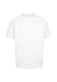 Weißes Baumwoll-T-Shirt mit kurzen Ärmeln, Rundhalsausschnitt und lockerer Passform. Glatte Textur, keine Muster oder sichtbaren Logos.