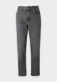 Jeans de mezclilla gris con un diseño de pierna recta, que cuentan con cinco bolsillos y un cierre de botón frontal. Textura suave con un ligero desgaste.