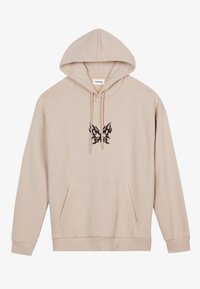 Beige huppari, valmistettu pehmeästä kankaasta, jossa keskellä musta abstrakti perhoskuvio, edessä kenguru-tasku ja kiristysnauhalla varustettu huppu.