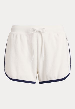 Białe spodenki z frotte z granatowym obszyciem, elastycznym pasem i regulowanym sznurkiem z przodu.
