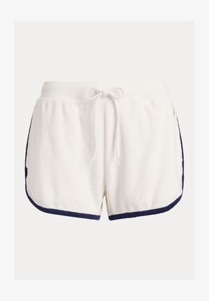 Białe spodenki z frotte z granatowym obszyciem, elastycznym pasem i regulowanym sznurkiem z przodu.