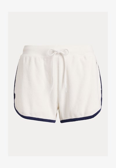 Λευκά σορτς από πετσετέ ύφασμα με ναυτικό μπλε τρέσα, ελαστική μέση και μπροστινό κορδόνι για ρυθμιζόμενη εφαρμογή.